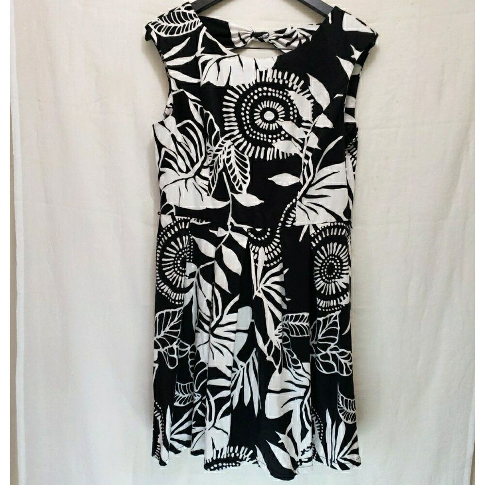 Perceptions NY Fit & Flare Dress 12 Black White Tropical Floral Sun Dress Bow